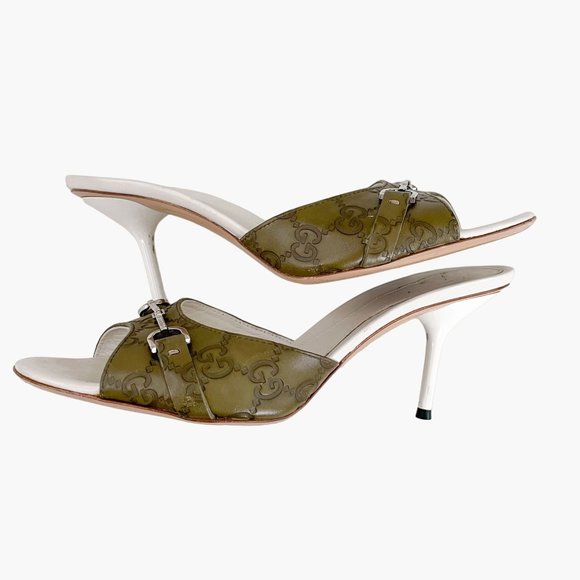 Gucci Horsebit Mules EU 39 US 9 Green GG Peep Toe Buckle High Heel Slide Sandals - Picture 8 of 12